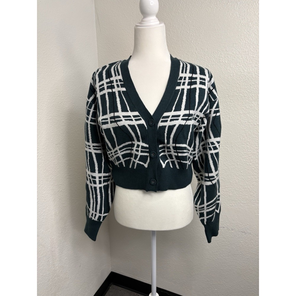 BCBGeneration Women's Cropped Green White Abstract Grid Sweater Cardigan Size M